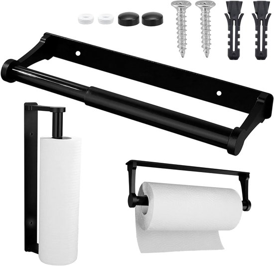 Zwart Keukenrolhouder zonder Boren, Zelfklevende Aluminium Keukenrolhouder voor Keuken, Badkamer en Woonkamer, Ideaal voor Ruimtebesparing en Organisatie van Merkloos