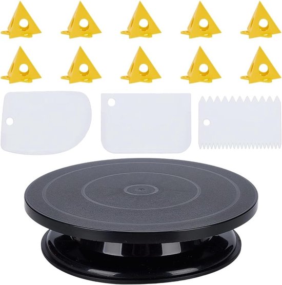Zwarte draaitafelstandaard met draaibaar plastic plateau, 3 PP bakspatels en 10 gele spuitaccessoires voor modelbouw en decoratie van Merkloos