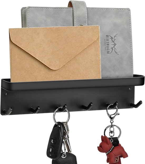 Zwarte Sleutelhanger met Plank, Muurbevestigde Sleutelhouder met 6 Haakjes voor Sleutelopslag en Post, Ideaal voor Organisatie en Ruimtebesparing van Merkloos