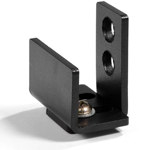 Zwarte stalen schuifdeur met wandmontage en schroeven voor montage aan de onderkant van Industriële Deuren.