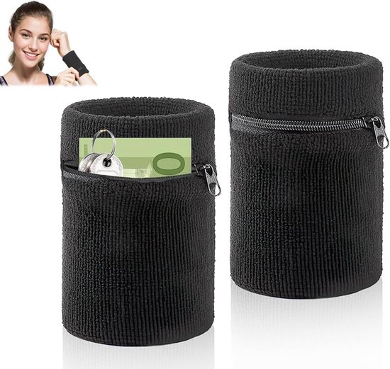 Zwarte Sweatband met Rits, Set van 2, Sportpolsband met Praktische Ritszak voor Joggen, Basketbal en Tennis van Merkloos