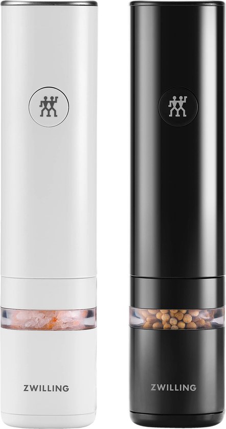 ZWILLING ENFINIGY Elektrische Salz- & Pfeffermuhle mit Keramikmahlwerk & LED Beleuchtung, Aufladbar per USB, 2-teiliges Set: Schwarz & Weiß van Merkloos